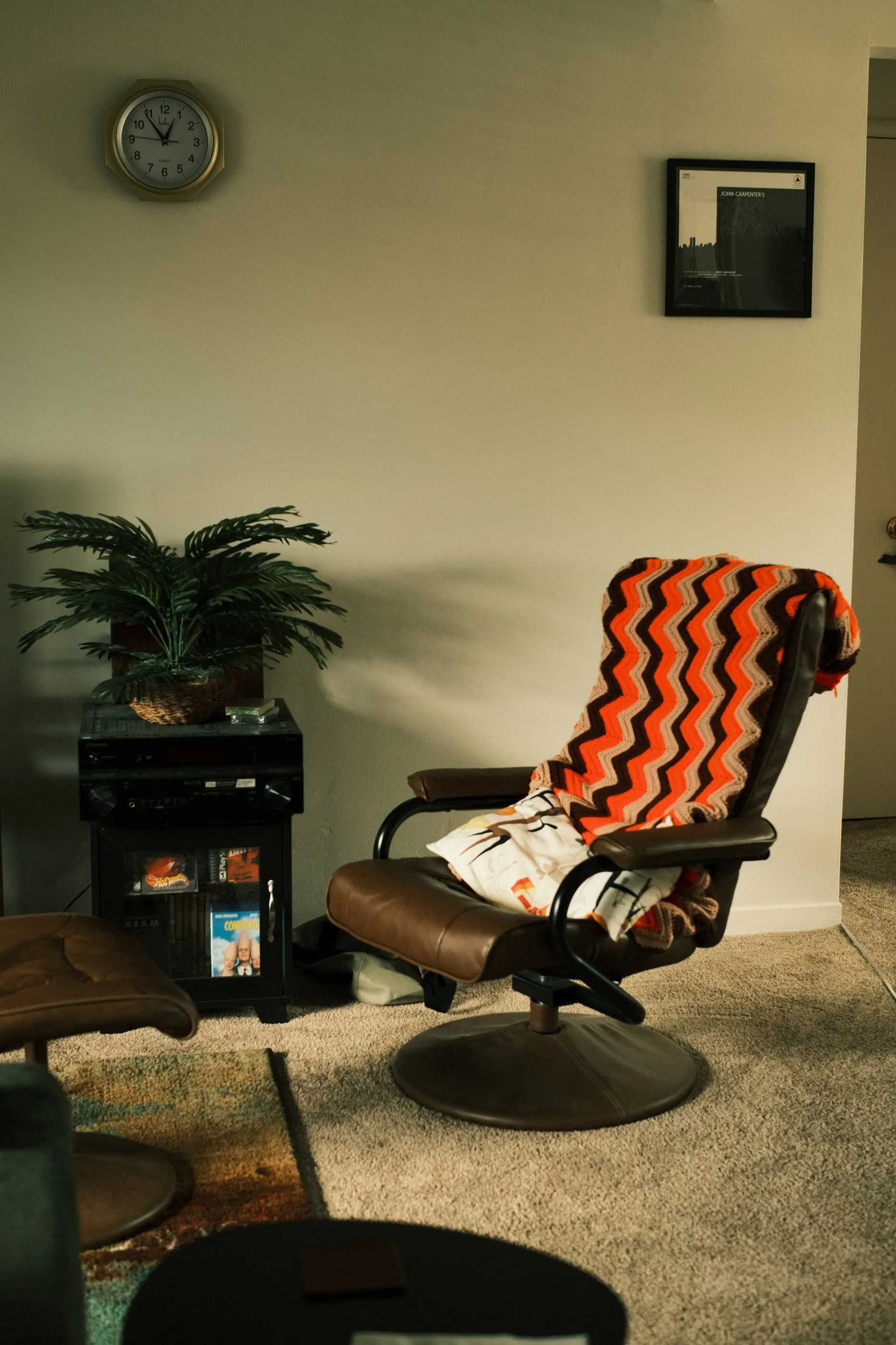 A patterned lounge chair and houseplants in a quiet room