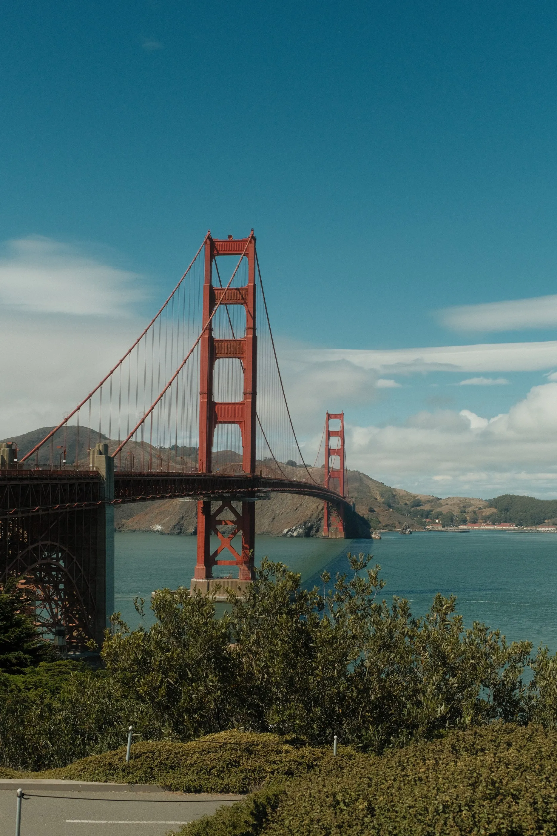 The Golden Gate Bridge beneath a clear blue sky