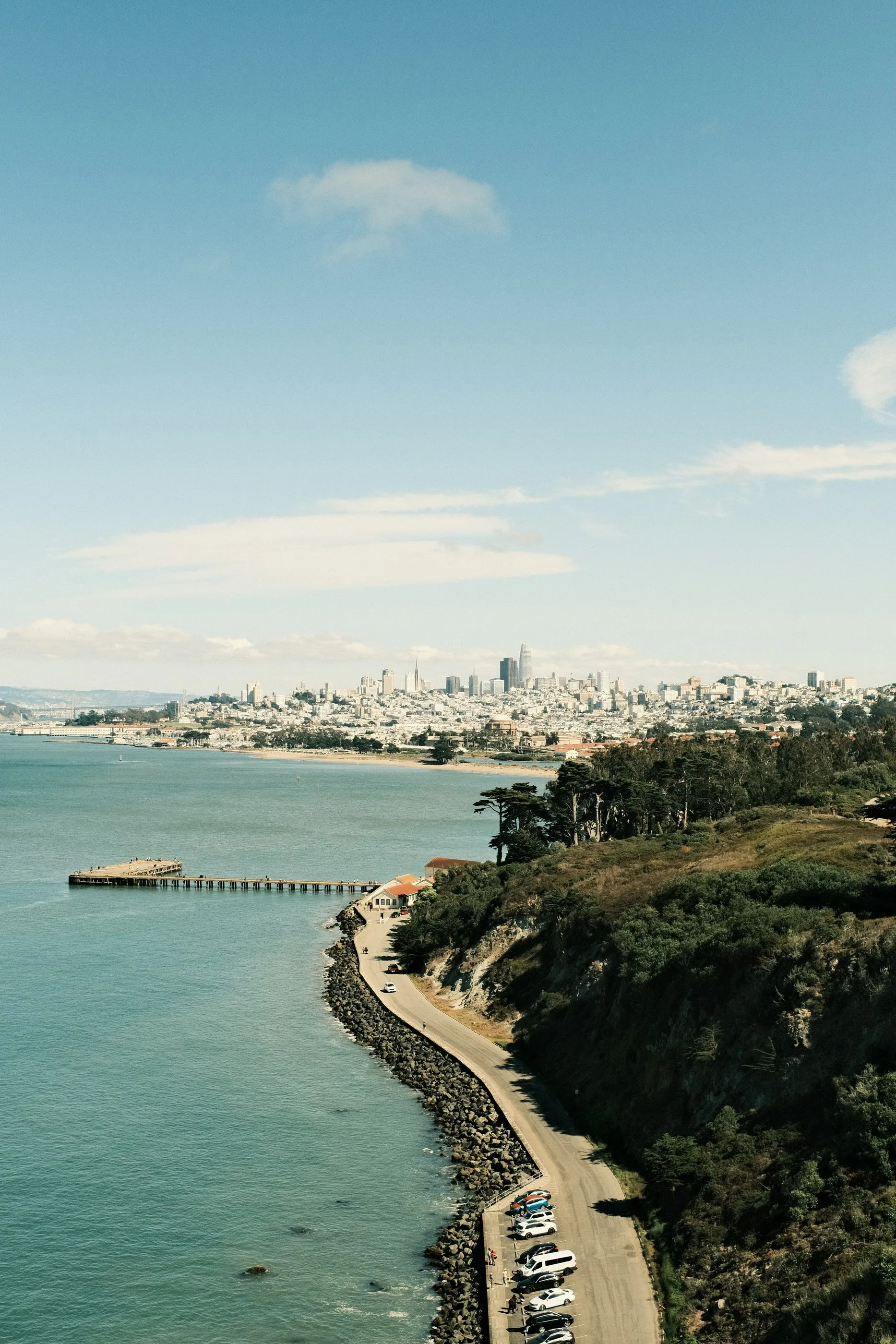 San Francisco and the shoreline seen across blue water