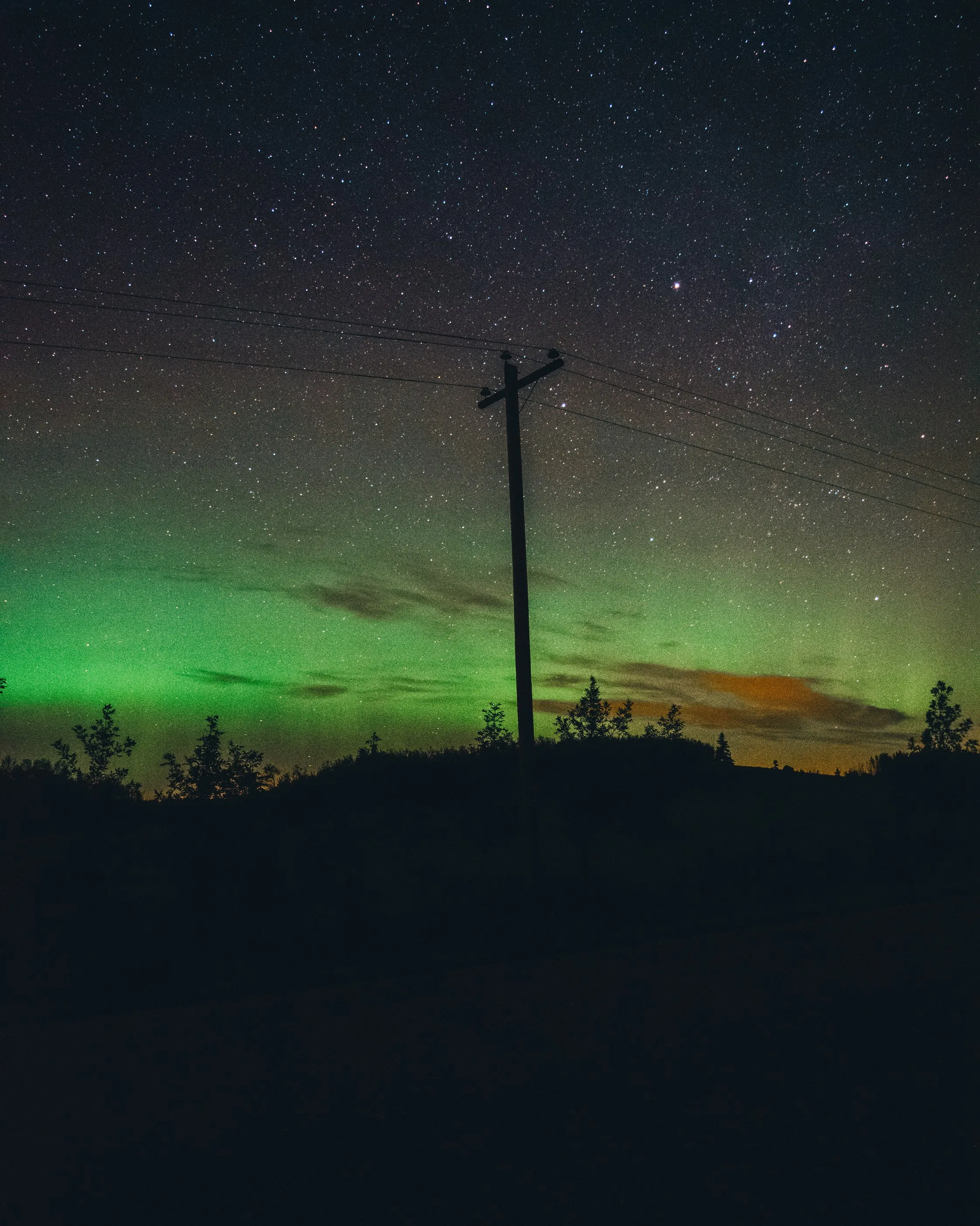 Green aurora glowing above a rural horizon and utility pole
