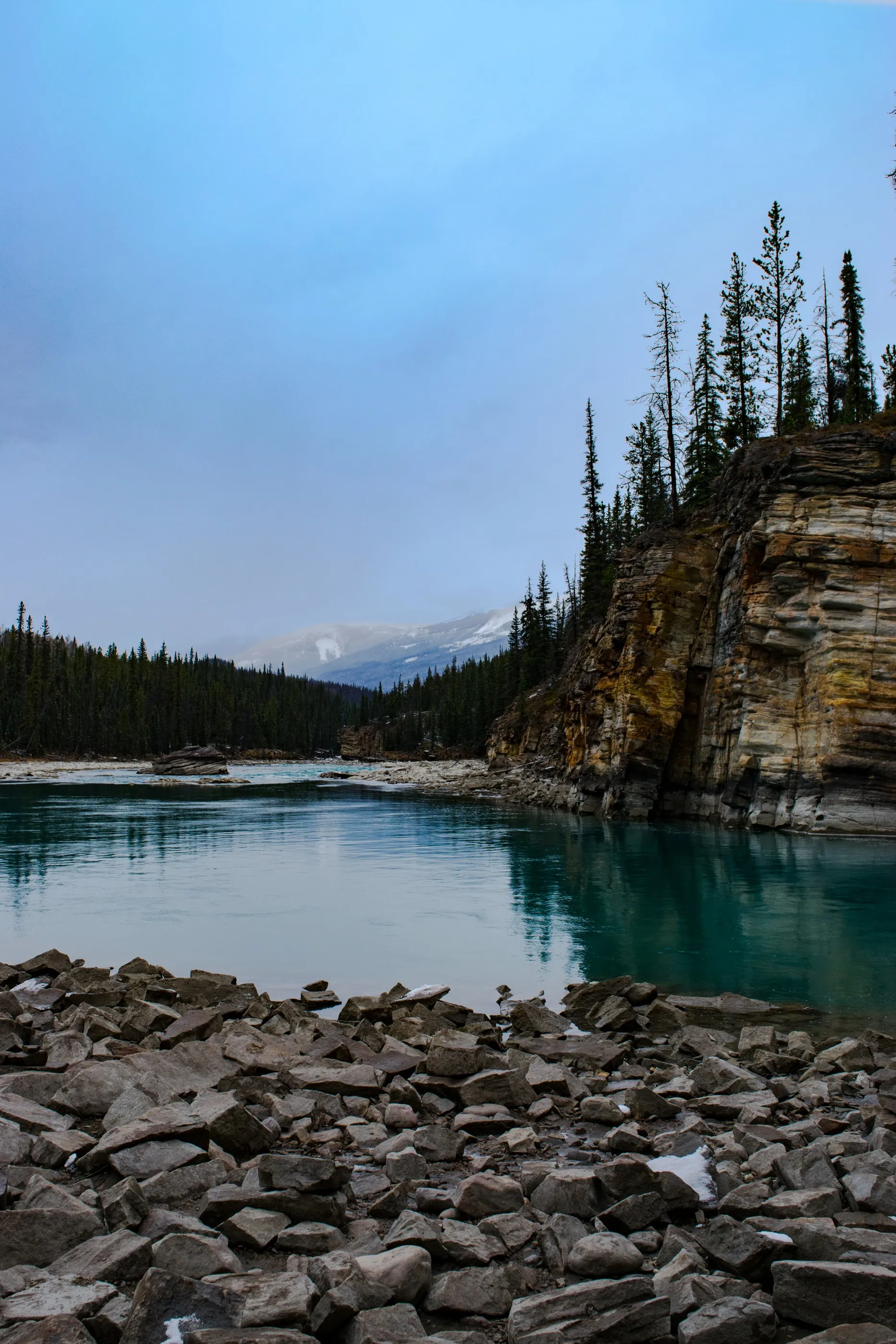 Turquoise water curving past a rocky bank and tall pine trees